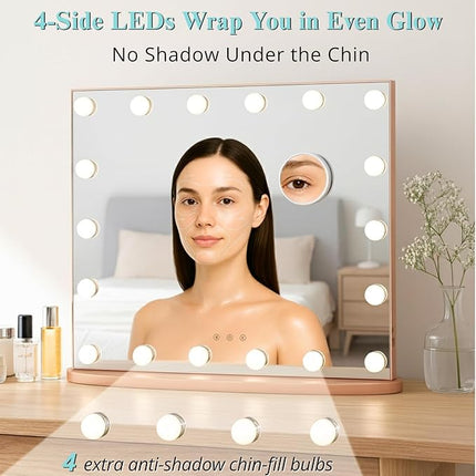 LUXFURNI Hollywood Glamour Vanity Mirror with 4 Extra Bottom Bulbs | Shadow-Free, Perfect Makeup View | Desk & Wall Mountable | 3 Color Modes for Office, Outdoor, Party Looks | USB Charging