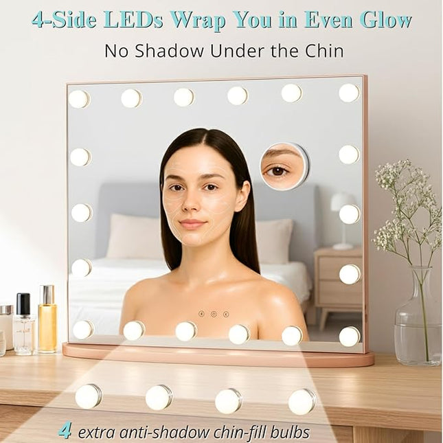 LUXFURNI Hollywood Glamour Vanity Mirror with 4 Extra Bottom Bulbs | Shadow-Free, Perfect Makeup View | Desk & Wall Mountable | 3 Color Modes for Office, Outdoor, Party Looks | USB Charging