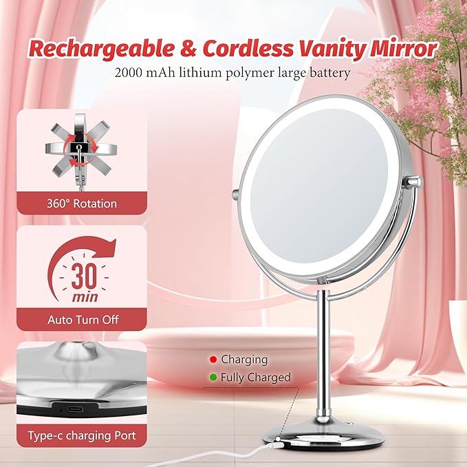 Magnifying Makeup Mirror with Light: 9" Large 1X/10X Lighted Makeup Mirror, Double Sided Vanity Tabletop Mirror 360°Rotation & Adjustable Brightness, Type-C Charging & Touch Switch on Base, Chrome