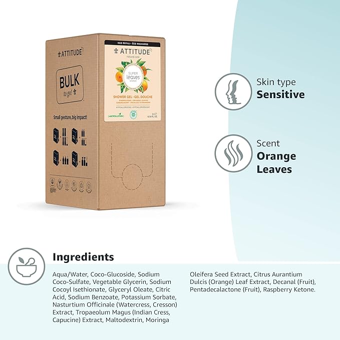 ATTITUDE Body Wash, EWG Verified Shower Gel, Dermatologically Tested, Plant and Mineral-Based, Vegan Personal Care Products, Orange Blossom & Eucalyptus, Bulk Refill, 67.6 Fl Oz