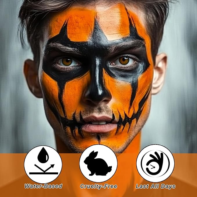Black Orange Face Body Paint 1.01 oz/pc with 2 Sponges,Water Based Face Paint Kit for Clown Tiger Vampire Pumpkin Cosplay Makeup,Halloween SFX Makeup Cream Face Painting for Kids,2.02 oz