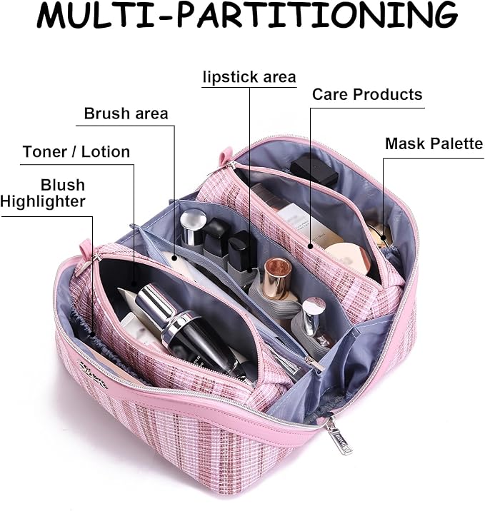 Travel Makeup Bag for Women: Large Capacity Open Flat Make up Bag Set of 3 - Vegan Leather Cosmetic Bag with Compartments - Waterproof Toiletry Bag with Handle & Divider(Pink)