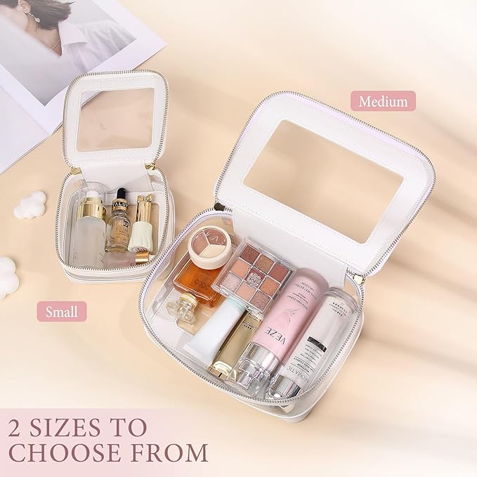 Pinkmik Clear Makeup Bag with Zipper Waterproof Travel Makeup Set for Cosmetics and Toiletries Women's Purse Organizer and Car Essentials (White, M+MINI-1)