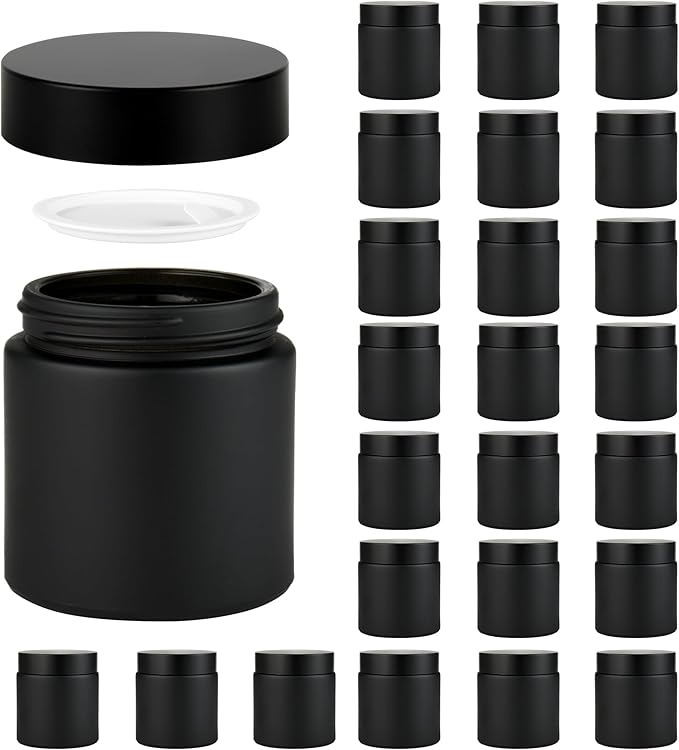 4 oz Reusable Black Glass Container Jars 24 Pack with Wide-mouth Leak Proof Cap and Inner Pull-On Lid for Travel Storage Makeup, Face Creams, Body Lotions, DIY Crafts or Others