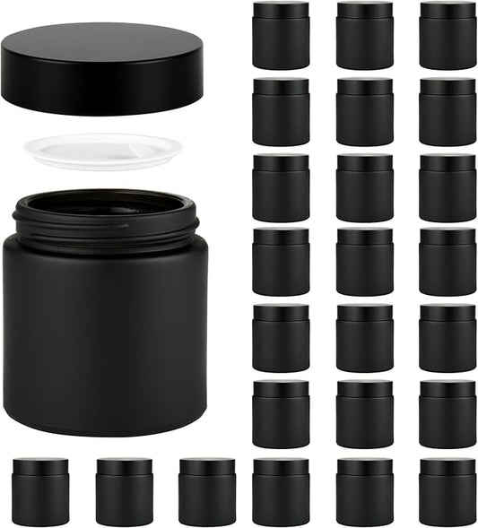 4 oz Reusable Black Glass Container Jars 24 Pack with Wide-mouth Leak Proof Cap and Inner Pull-On Lid for Travel Storage Makeup, Face Creams, Body Lotions, DIY Crafts or Others