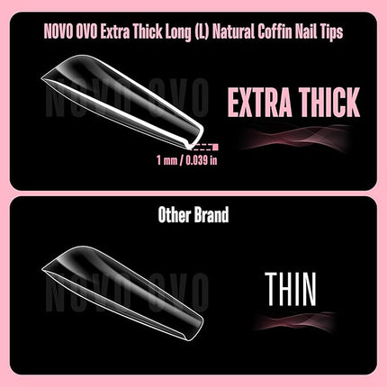 NOVO OVO Long Coffin Nail Tips NATURAL (Not SCULPTED) for Flat Nail Beds, Extra Thick L Length False Nails Press on, Full Cover Soft Gel Fake Nail Extension, Salon DIY x 15 Sizes 450 pcs