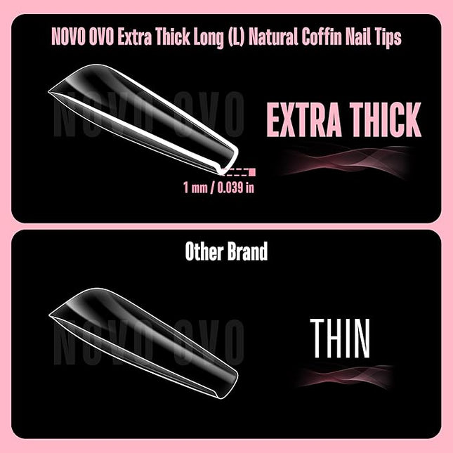 NOVO OVO Long Coffin Nail Tips NATURAL (Not SCULPTED) for Flat Nail Beds, Extra Thick L Length False Nails Press on, Full Cover Soft Gel Fake Nail Extension, Salon DIY x 15 Sizes 450 pcs