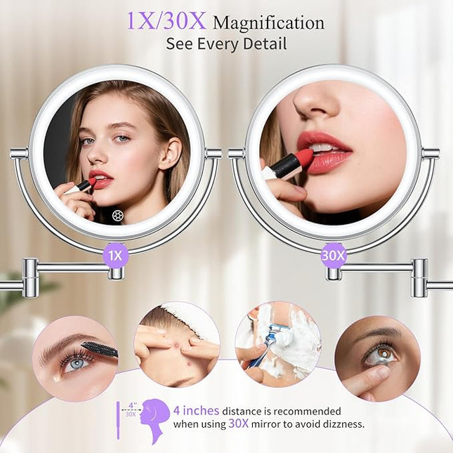 Wall Mounted Makeup Mirror with Lights, 30X/1X Double-Sided Magnifying, Plug-in Lighted Vanity Mirror with 3 Color Modes, Dimmable Brightness, 360° Swivel Extendable Arm for Bathroom & Grooming