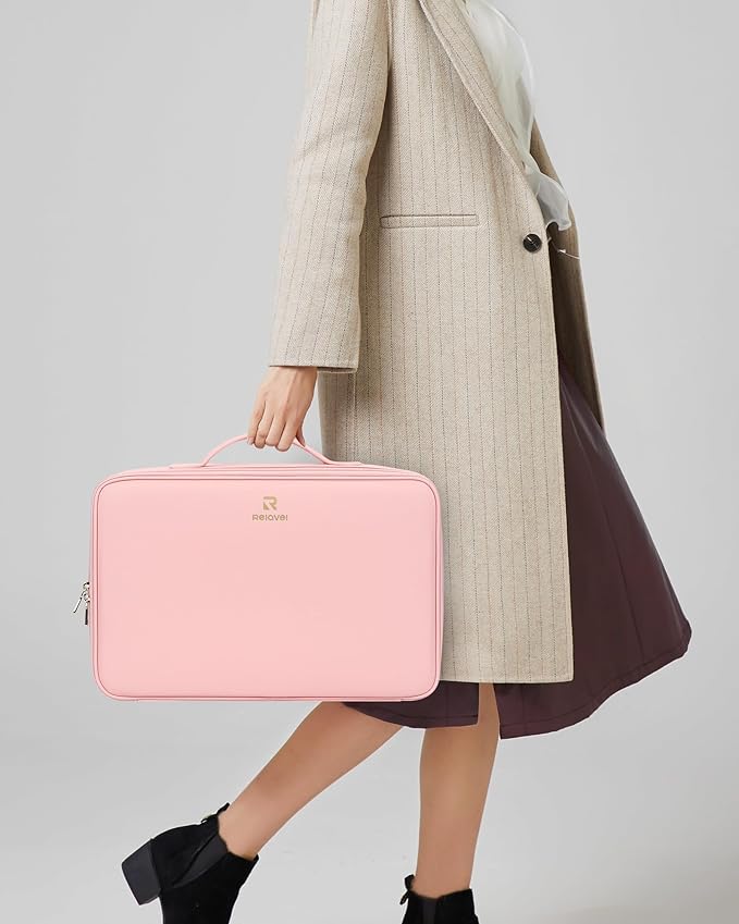 Relavel Makeup Bag with LED Mirror, 16.2 inches Large Professional Makeup Case for Makeup Artists, Travel Portable Cosmetic Organizer Storage Box, Vanity Case with 3 Colors Lighted Mirror, Pink