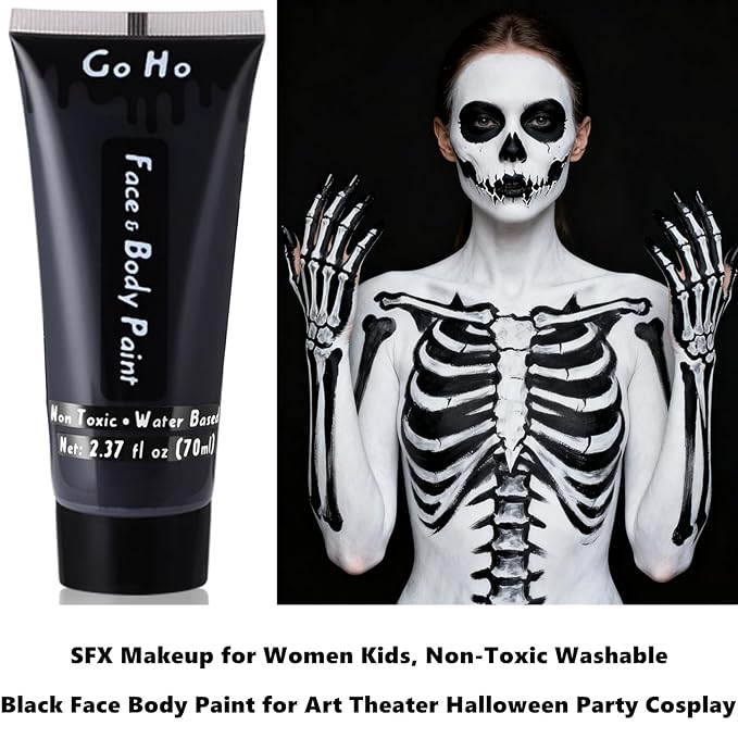 Go Ho Black Face Body Paint Washable(2.37oz/pc),Water Based Cream Face Paint,Skull Skeleton Zombie Clown Makeup,Black Body Paint for SFX Cosplay Costumes Festivals Halloween Makeup