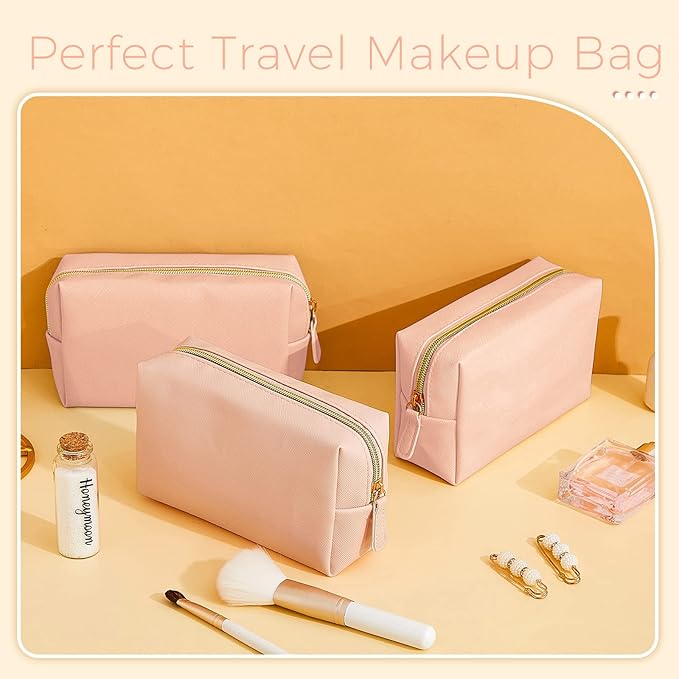 8 Pcs Makeup Bag Pu Leather Cosmetic Pouch Waterproof Small Toiletry Bag Portable Cosmetic Organizer Water Resistant Storage Purse for Lady Women Daily Storage Travel Organizer (Pink,Medium)