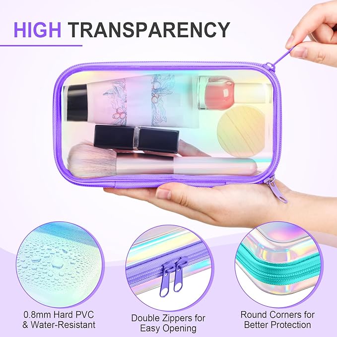 Sanwuta 6 Pcs Clear Hard Zipper Case Pencil Pouches Hard Plastic Zipper Pouches Makeup Bag Transparent Cases for Snacks Plastic Storage Organizer Box for Travel(Holographic,7.48 x 3.94 x 2 Inch)