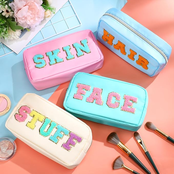 Cunno 4 Pcs Preppy Makeup Bags Chenille Letter Stuff Bag Nylon Cosmetic Pouch Cases with Zipper for Women Travel Toiletry