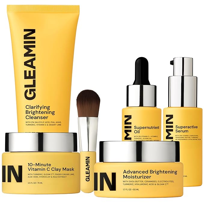 Gleamin Brightening Skincare Bundle – Mask, Serum, Cleanser, Moisturizer & Oil for Dark Spots, Uneven Tone, and Glowing Skin – Complete Vitamin C Skincare Routine