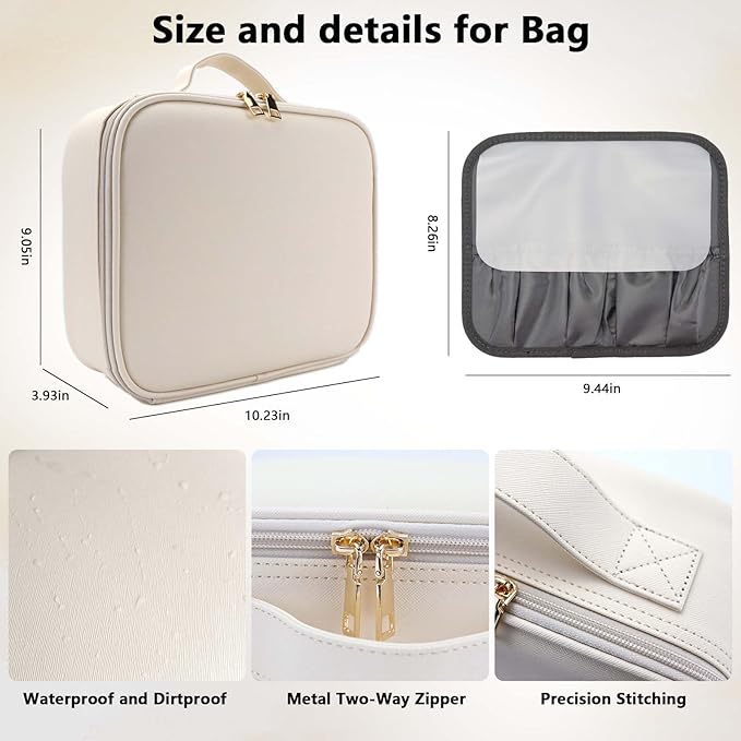 Travel Makeup Bag with LED Mirror Travel Makeup Organizer with 3 Lighted Settings, Adjustable Dividers and Makeup Brush Storage Bag White