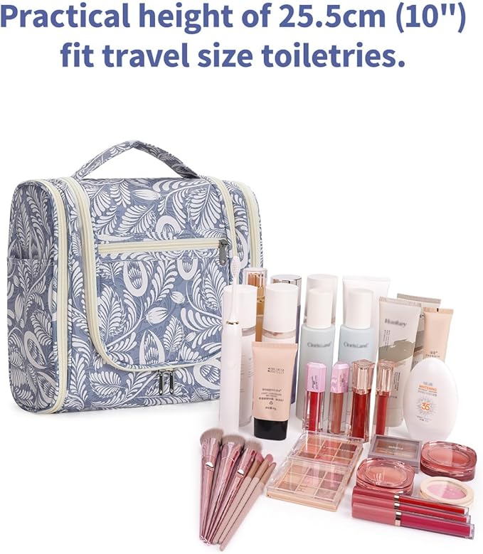 Narwey Hanging Toiletry Bag for Women Travel Makeup Bag Organizer Toiletries Bag Men for Cosmetics Essentials Accessories(Large, Blue Leaf)