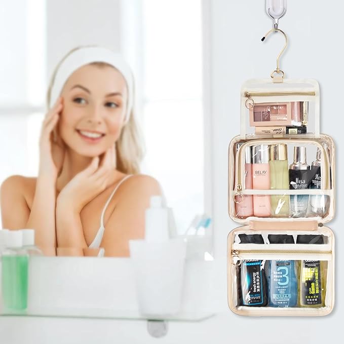 CUBETASTIC Clear Makeup Bags, Travel Make Up Organizer Storage Case, Hanging Toiletry Bag with Zipper Compartment, Small Travel Bag for Toiletries Portable Cosmetic Skincare Pouch with Handle