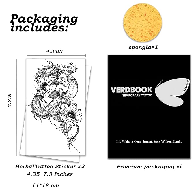 Waterproof Temporary Tattoos: 2-Sheet Tattoo Kit with Realistic Body Stickers, Semi-Permanent Tattoos for Adults Lasting 7-15 Days – Safe for Men & Women, Dragon & Flowers Pattern