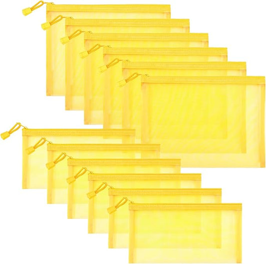 12 Pieces Zipper Nylon Mesh Pouch, Mesh Cosmetic Bags Makeup Bags Pencil Case, Multipurpose Travel Bags for Cosmetic School Office Supplies and Travel Accessories (Yellow, A5+B6)