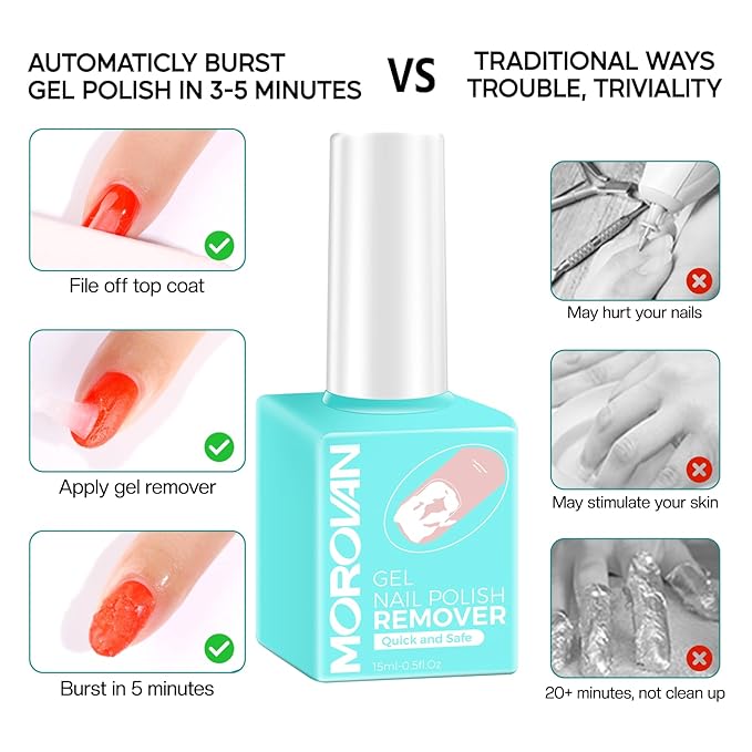 Morovan Gel Nail Polish Remover: Easy Remove Gel Polish Natural Formula Portable Kit with Cuticle Pusher & Scraper No Soaking or Wrapping