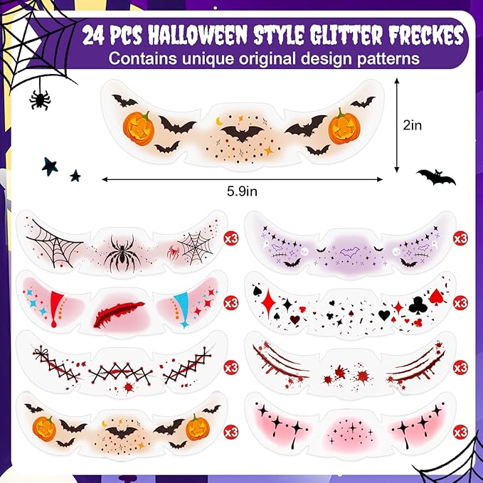 24pcs Halloween Freckles Makeup Patches Face Glitter Speckles, Halloween Temporary Face Tattoo Glitter Freckles, Glitter Speckles Patches for Adults and Kids, Cute Sparkling Fake Freckles for Festival