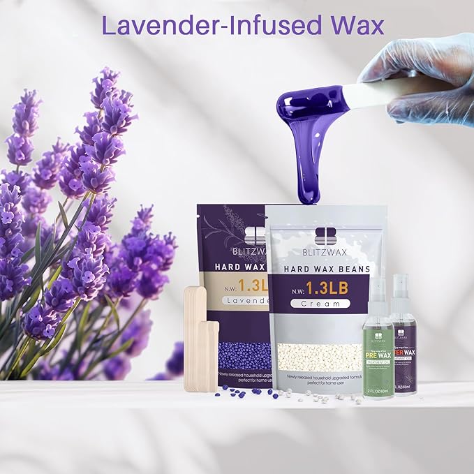 BLITZWAX 2.6lbs Hard Wax Beads for Hair Removal, Lavender and Cream Hot Waxing Beans for Sensitive Skin, Face, Brazilian and Bikini, with 30 Waxing Sticks and 2 Wax Oils for Women and Men, 2 Packs