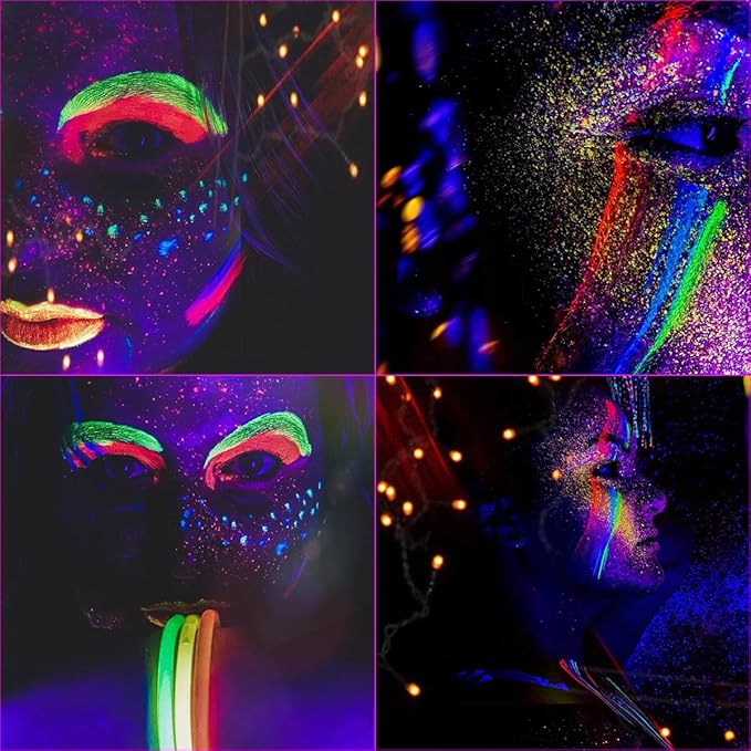 Bowitzki UV Neon Face and Body Paint 8 x 30ml /1 oz Liquid Large Kit Black Light Glow in the Dark Makeup Set Fluorescent Painting for Adults Kids Music Festivals Party Halloween Christmas