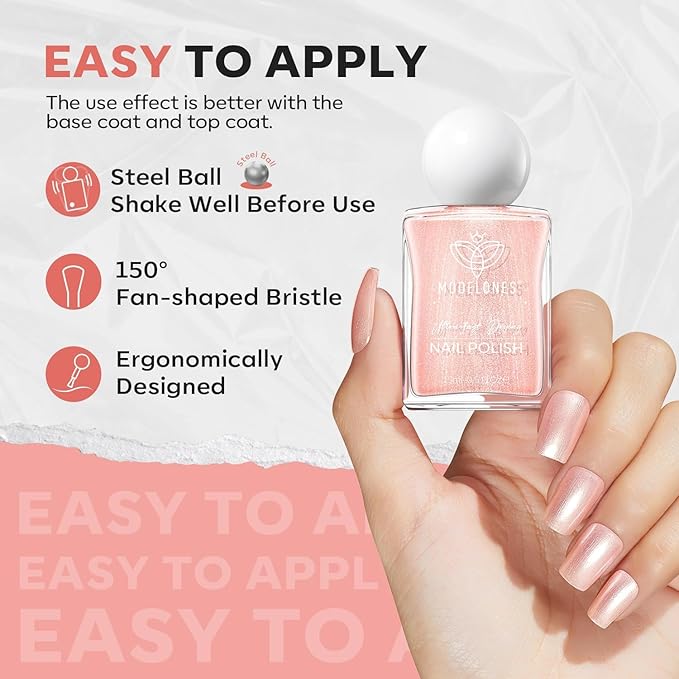 modelones Shimmer Pink Nail Polish, 15 ml Peachy Pink Iridescent Quick Dry Nail Lacquer Strengthener Long Last Shine Fingernail Toe Nail Art DIY Home Travel Manicure Gift for Women Girls 0.5 Fl Oz