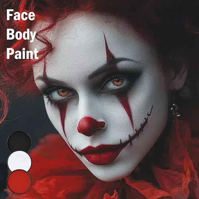 White Black Red Foundation Face Body Paint, Halloween Makeup Face Painting Kit with Painting Brushes and Makeup Sponge for Kids & Adults Goth Clown Vampire Joker SFX Cosplay Party-30g