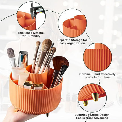 Diesisa 360 Rotating Makeup Brush Organizer With 5 Sections, Spining Countertop Swivel Makeup Brush Holder for Cosmetics, Nail Polish, Art Supply, Bathroom Vanity Desktop Organizer - Orange