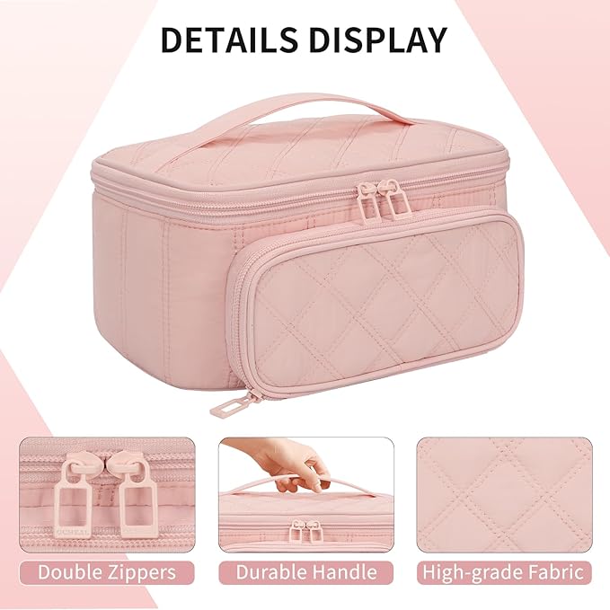 OCHEAL Makeup Bag, Multifunctional Make Up Bags Large Compact Makeup Bag Organizer Cosmetics Toiletry Brushes Storage Case for Women Girls Makeup Case with Handle Divider-Pink Large