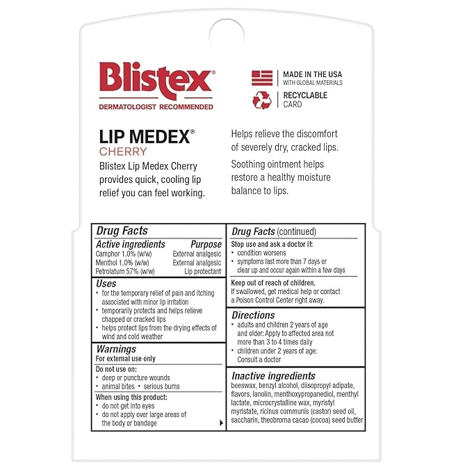 Blistex Cherry Lip Medex, 2 Count, 0.35 oz Each, Advanced Hydration, Medicated Relief with Cooling, Soothes and Protects, Restores Healthy Moisture Balance to Lips, 1 Pack