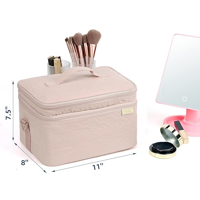 NISHEL Extra Large Double Layer Travel Makeup Bag Women, Cosmetic Organizer Case, Essentials Accessories with Shoulder Strap for Bottles, Brushes, Conditioner, Skin Care Products, Pink