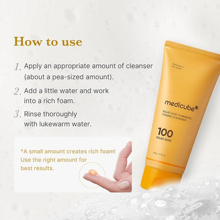 medicube Facial Cleanser Kojic Acid Turmeric Whip Cleanser | Cleansing Foam for Brightening, Balancing | Fade Appearance of Uneven Patches & Ideal for Use After Spot Care | Korean Skincare, 4.23 oz