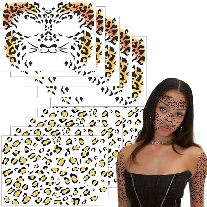 10Pcs Leopard Stickers - Cheetah Face Sticker - Cheetah Tattoos for Halloween Leopard Makeup - Halloween Face Stickers Cosplay