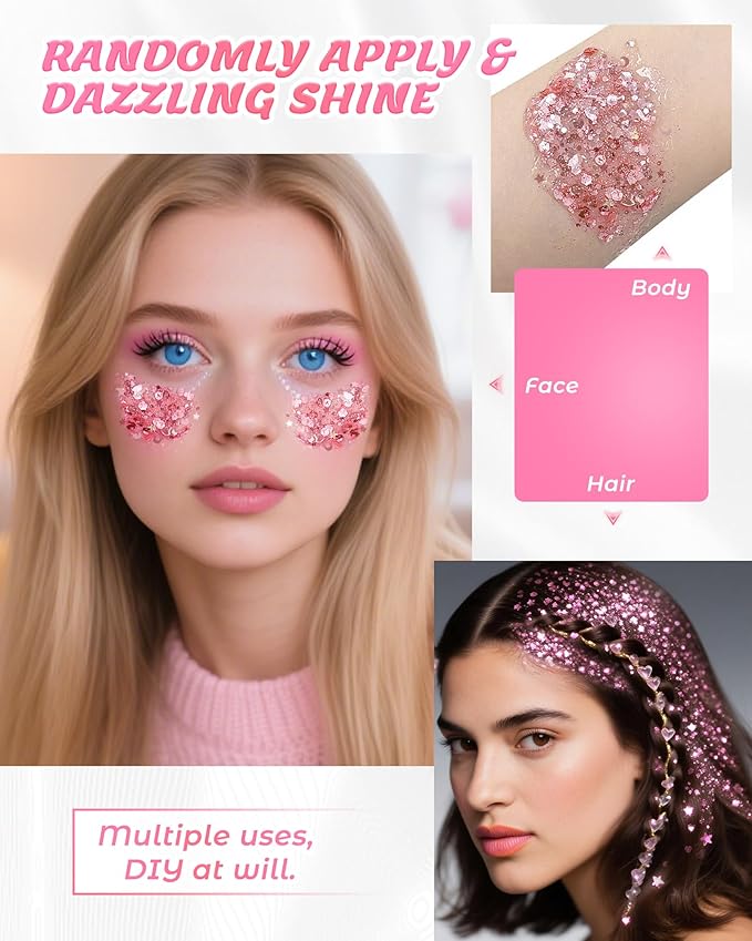 6PCS Pink Face Body Glitter Gel，Mermaid Holographic Sequins Chunky Glitter Paint for Party Singer Concerts Music Festival Rave Accessories for Girls Women Face Body Hair Sparkling Makeup