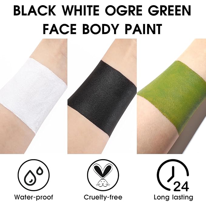BAD COLOR 3PCS Black White Orge Green Face Body Paint Stick Makeup for Frankenstein/Witch/Grinch/Hulk/Alien/Demon/Evil Clown SFX Cosplay & Dress Up, Full-Coverage Halloween Facepaint Makeup Kit