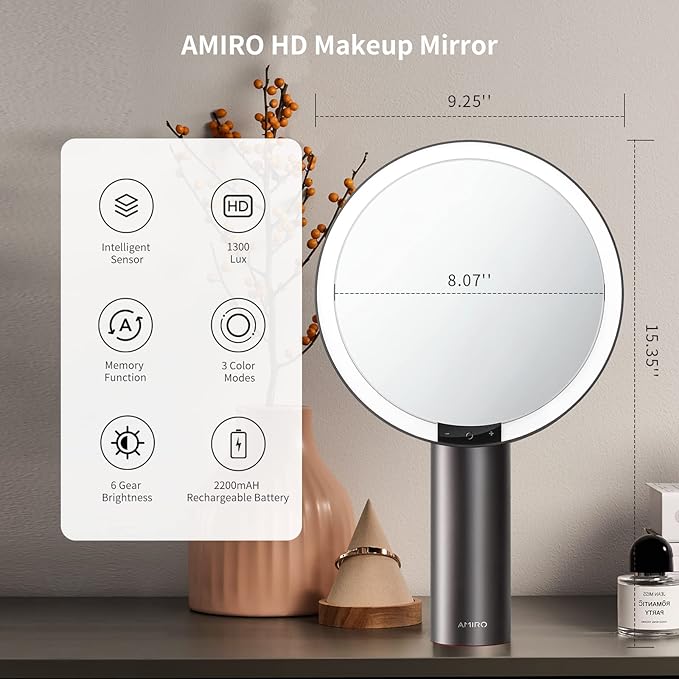 AMIRO 9" Lighted Makeup Mirror with Smart Sensor & Touch-Control, 3 Colors & 6 Brightness, Rechargeable & Cordless, Memory Function, Free Rotation-Black