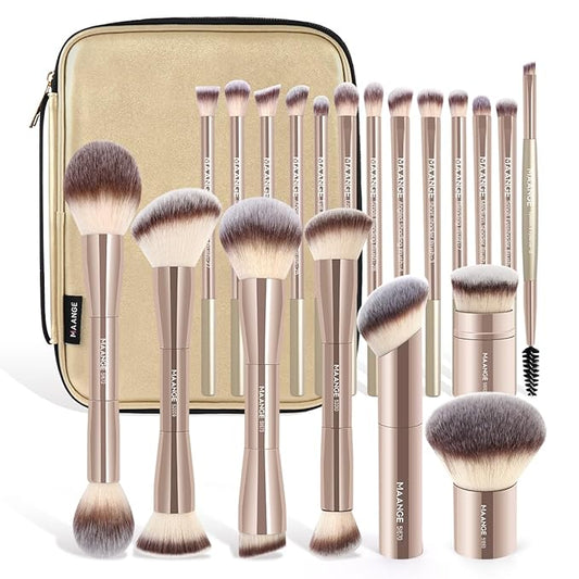 MAANGE 20 PCS Makeup Brush Set with Bag, Double-ended Kabuki Brush Foundation Contour Brush for Liquid Powder Concealer Eye Shadows Cream Cosmetics Blending Blush Face Makeup Tools with Case (Gold)