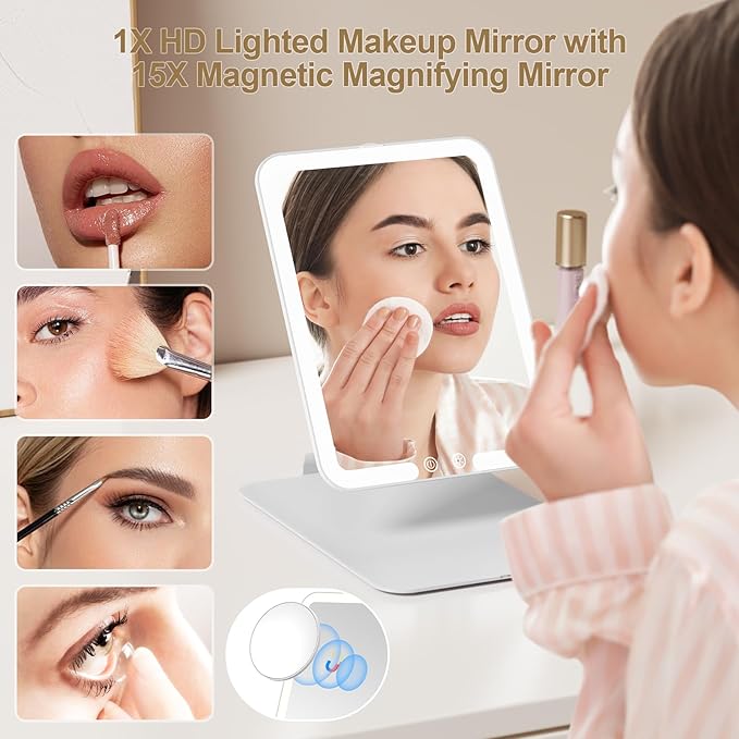 Benbilry Travel Makeup Mirror with Light, 15X Magnifying Mirror & 3 Color Modes, 1800mAh Rechargeable, Adjustable Height/Angle Stand, Foldable LED Vanity Mirror for Tabletop (White)