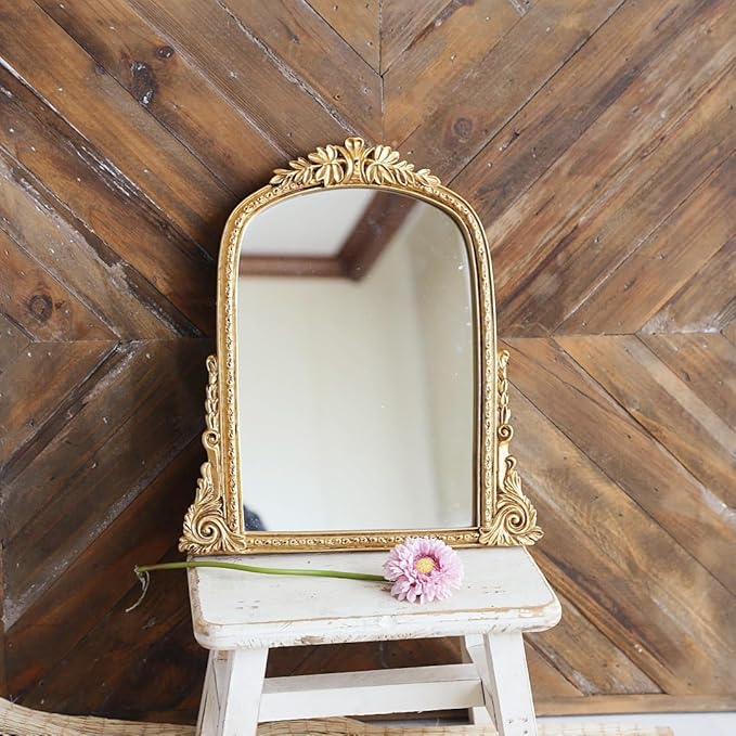 Vintage Gold Vanity Makeup Desk Mirror - Antique Chic Arch Table Mirror with Carved Resin Frame, Small Standing Arendahl Mirror for Living Room, Bedroom, Tabletop (13.2" x 12.8")