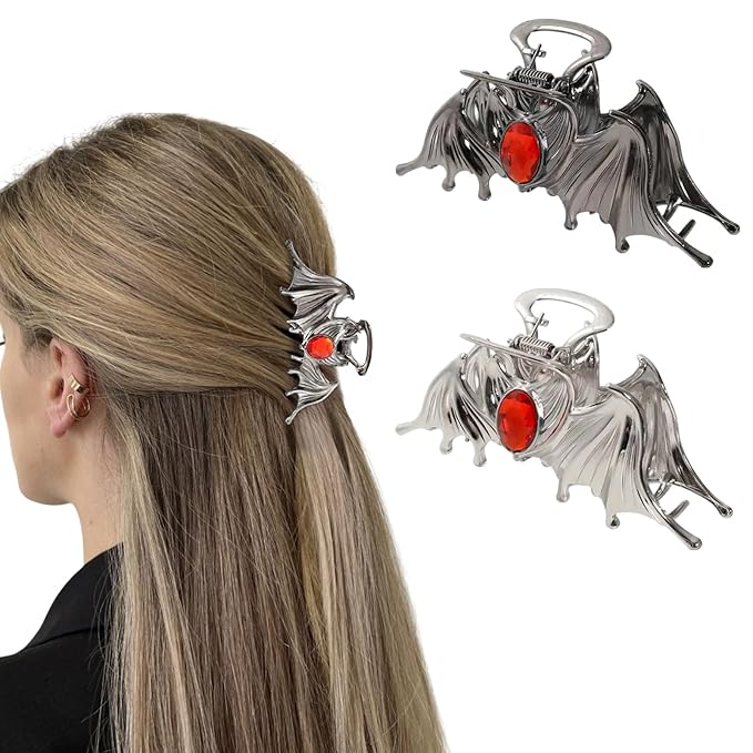 2 Pcs Halloween Hair Clips for Women, Horror Bat Hair Claw Clips, Black & Silver Metal Claw Clips with Bat Wings Design, Cosplay Party Hair Claw, Halloween Hair Accessories for Thick and Thin Hair
