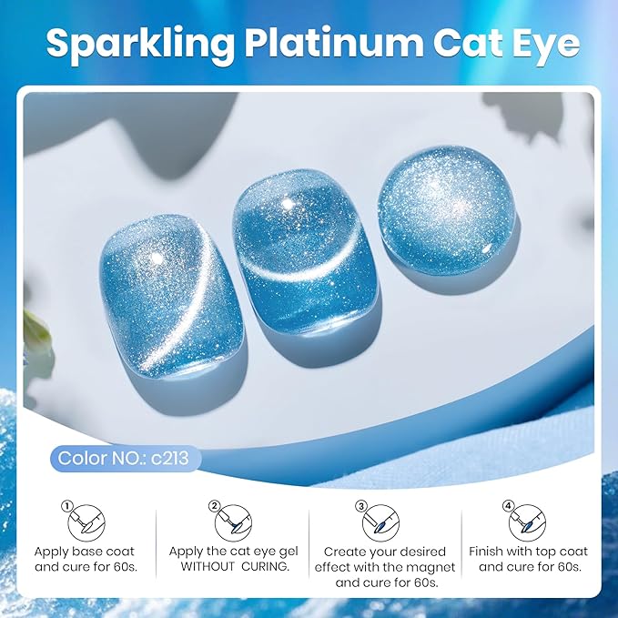 Beetles Blue Cat Eye Gel Polish, 15ML Light Blue Cat Eye Glitter Gel Polish with Magnet Soak Off UV Shimmer Velvet Gel Arctic Aurora Series French Nail Art Design Manicure Gifts for Women