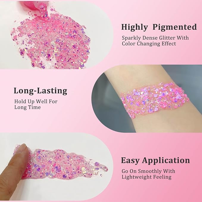 MEICOLY Chameleon Light Pink Body Glitter,Chunky Face Glitter for Halloween,Color Changing Mermaid Face Glitter Gel,Holographic Glitter Sequin for Face Body Hair,Festival Party Cheer Glitter Makeup