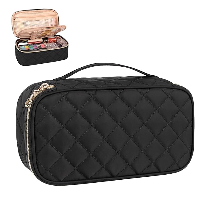 OCHEAL Small Makeup Bag,Portable Cute Travel Makeup Bag Pouch for Women Girls Makeup Brush Organizer Cosmetics Bags with Compartment-Nylon Black
