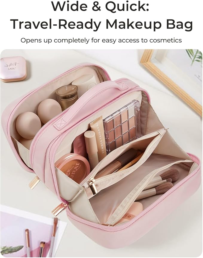 BAGSMART Travel Makeup Bag, Make Up Bag with Multiple Compartments for Organizer, Compact & Durable Cosmetic Organizer for Women for Travel Accessories (Pink