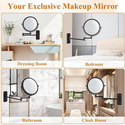 DECLUTTR 1X/15X Wall Mounted Makeup Mirror, 8" Double Sided Vanity Magnifying Mirror, 360° Swivel Extendable Bathroom Make Up Mirror, Black