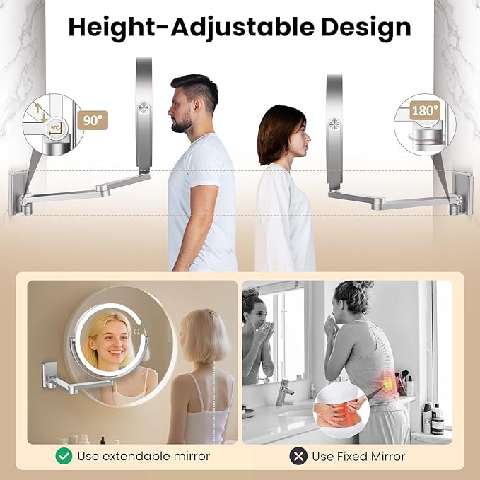 Wall Mounted Lighted Makeup Mirror - 8" Rechargeable Double Sided 20X/1X Magnifying Vanity Mirror with 3 Color Lights, Touch Dimmable, 360° Swivel & Extendable Arm for Women