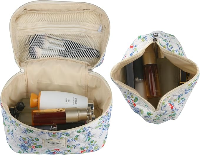 VIWIME Makeup Cosmetic Bag, Large Cotton Quilted Travel Coquette Aesthetic Cute Floral Make up Bag for Women Toiletry Bag Organizer(Red&Green Flower/2Pcs)