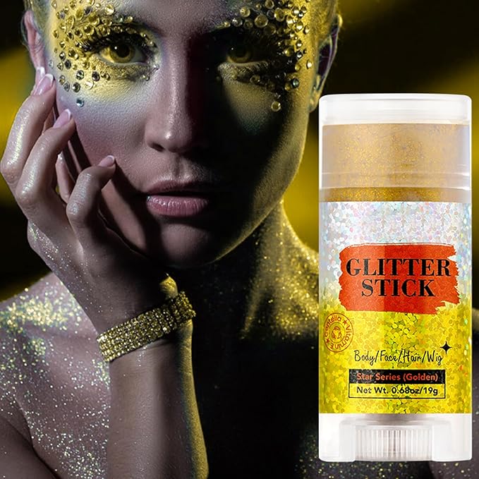 MEICOLY Gold Face Body Glitter Stick,Music Festival Accessories Outfits for Women,Sparkle Glitter Makeup for Face/Body/Hair/,Hair Glitter for Kids,Mardi Gras Accessories,Fine Glitter